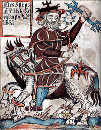 lustraciÃ³n del manuscrito islandÃ©s SÃ�M 66 de OdÃ­n y Sleipnir y Gungnir