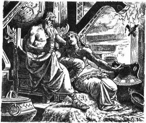 Ilustración de Odin con Gunnlöd de Johannes Gehrts